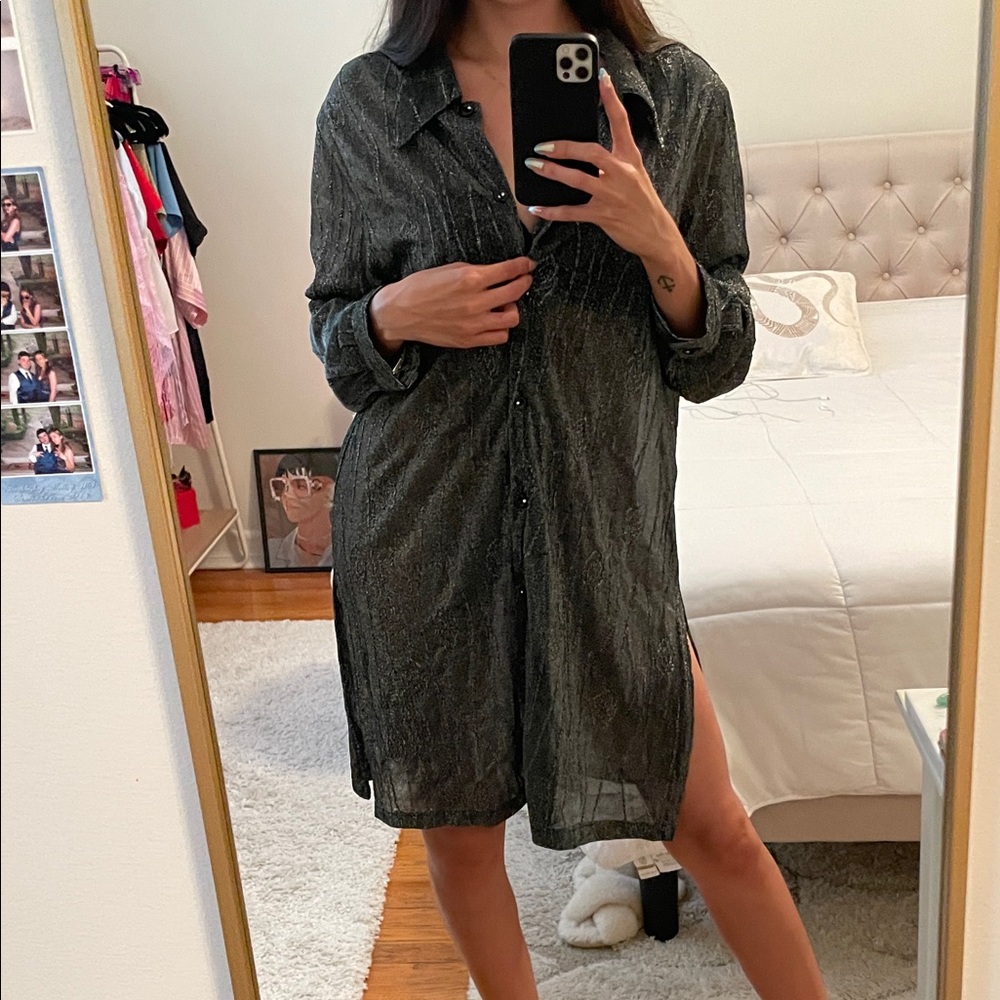 Fashionique • Vintage Shimmery Steel Black Sheer Shirt Dress